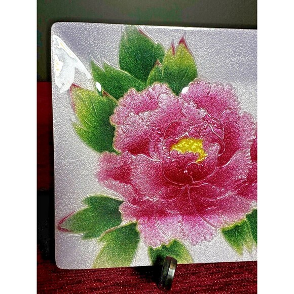 Japanese Ginbari Cloisonné Enamel Small Decorative Tray, Pink Peony Design - Picture 7 of 11